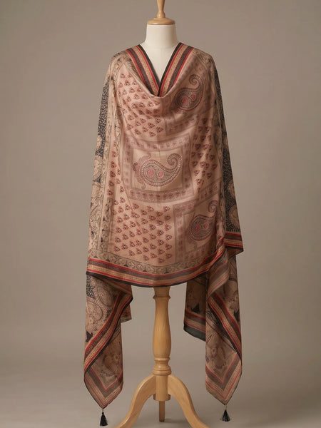 Beige Printed Raw Silk Dupatta