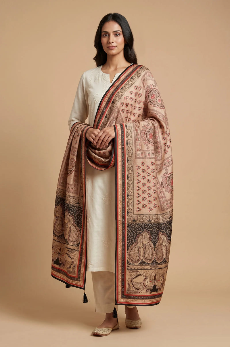Beige Printed Raw Silk Dupatta