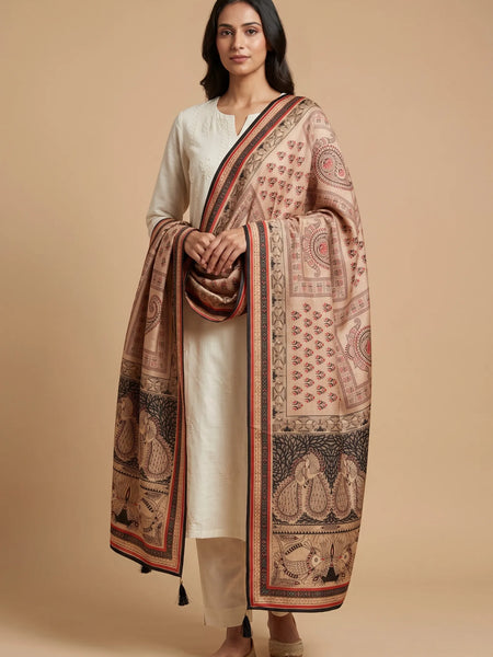 Beige Printed Raw Silk Dupatta