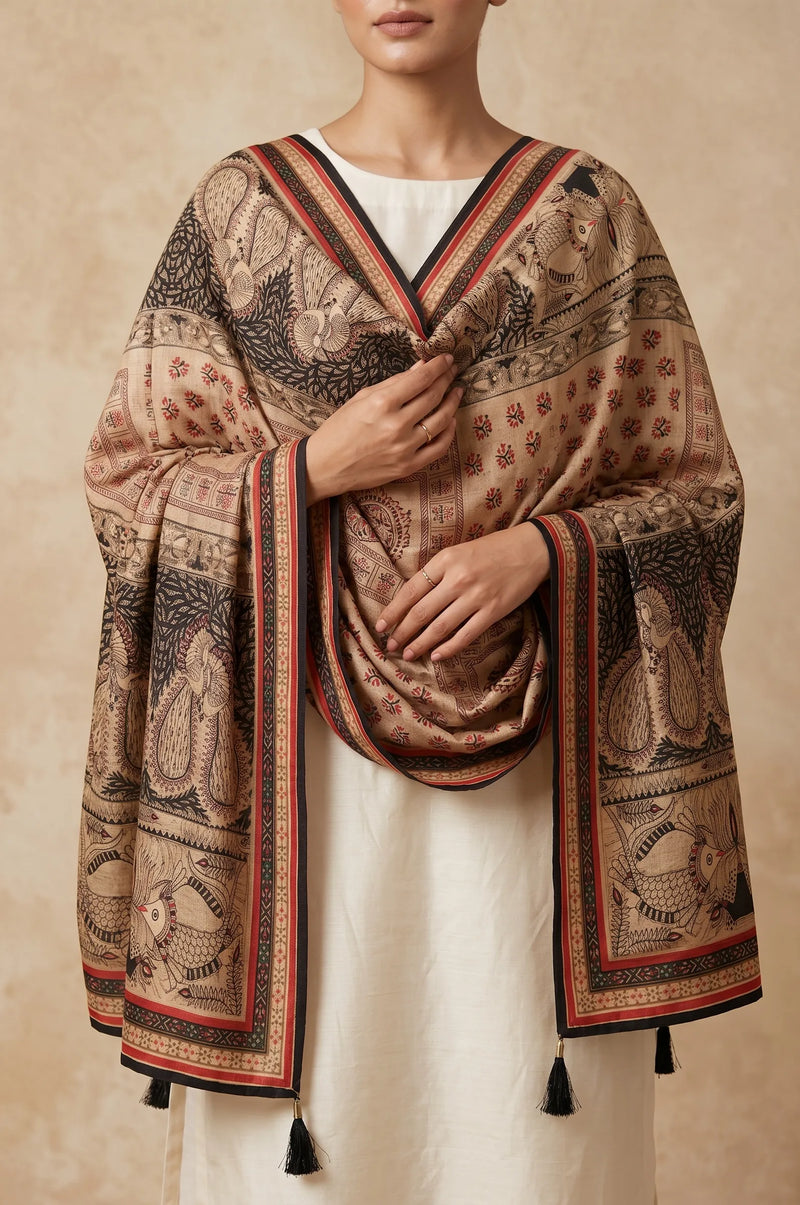 Beige Printed Raw Silk Dupatta