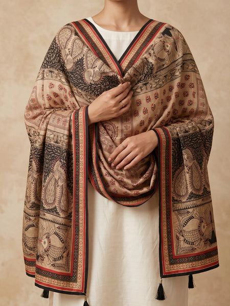 Beige Printed Raw Silk Dupatta