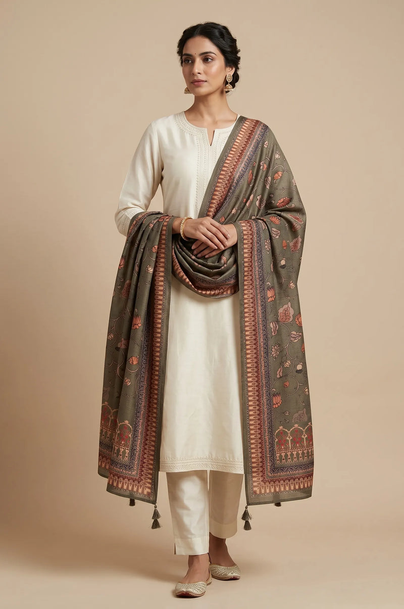 Green Floral Printed Raw Silk Dupatta