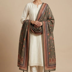 Green Floral Printed Raw Silk Dupatta