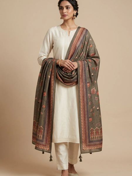 Green Floral Printed Raw Silk Dupatta