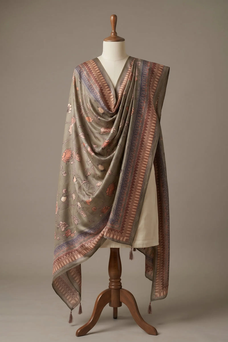 Green Floral Printed Raw Silk Dupatta