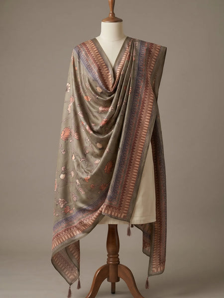 Green Floral Printed Raw Silk Dupatta
