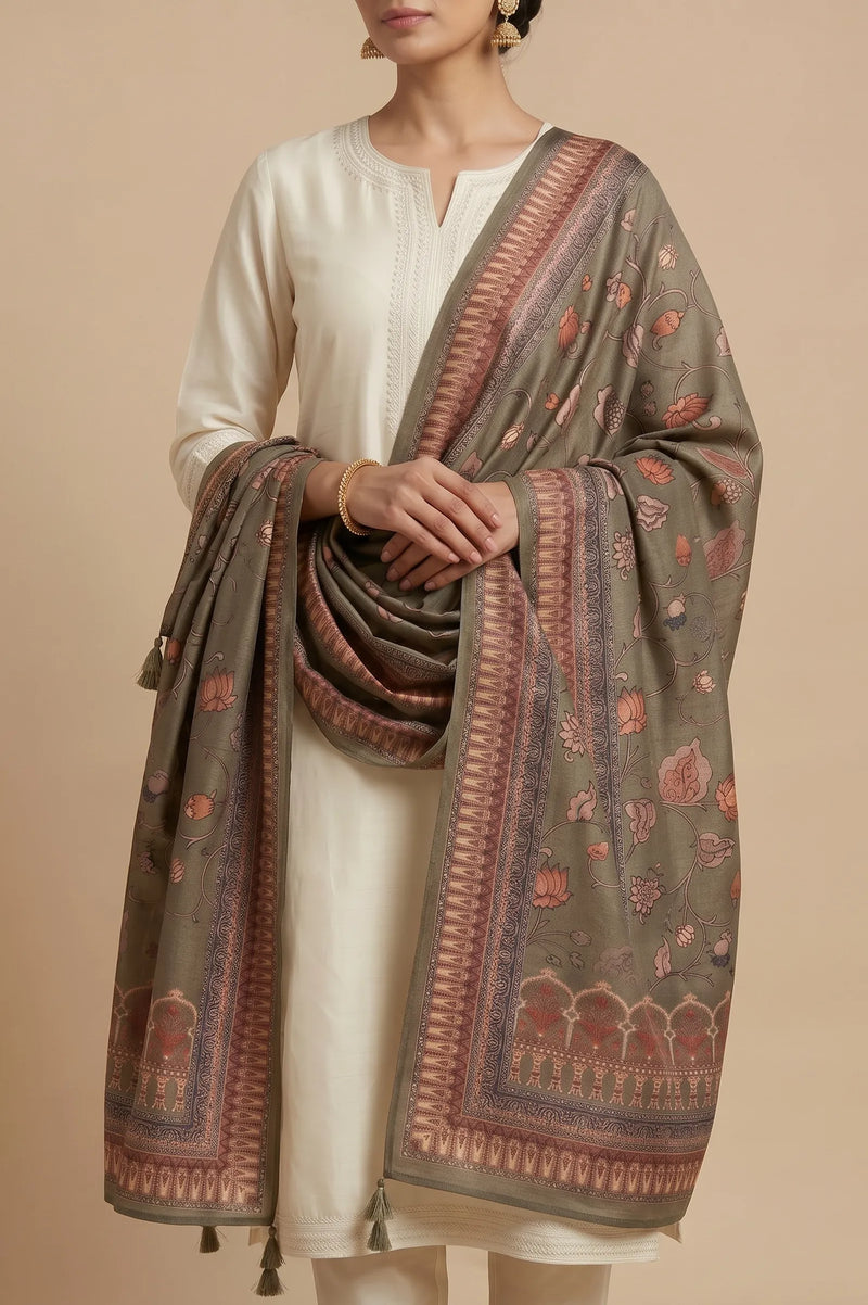 Green Floral Printed Raw Silk Dupatta