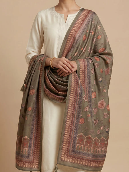 Green Floral Printed Raw Silk Dupatta