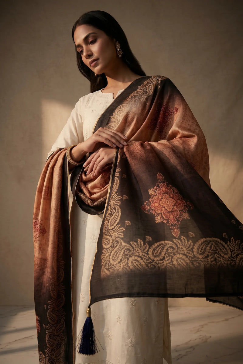 Ombre Floral Raw Silk Dupatta