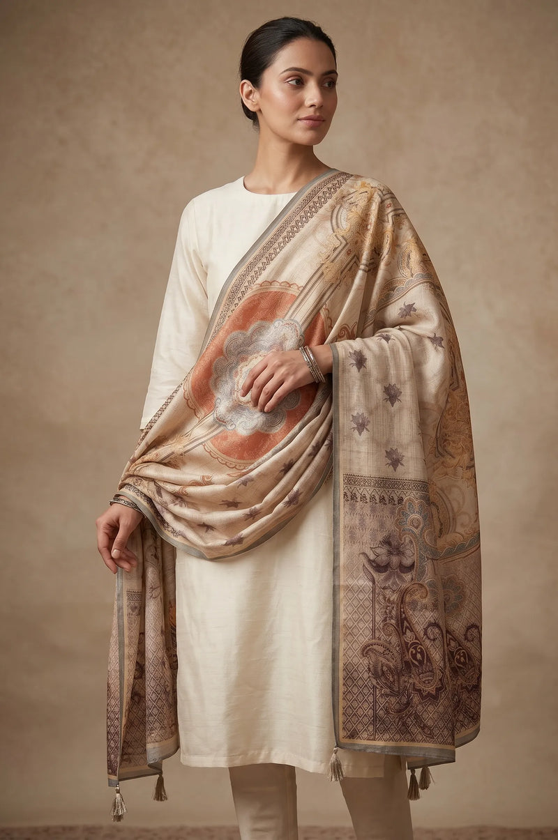 Ivory Medallion Print Raw Silk Dupatta