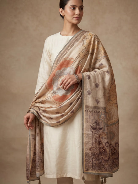 Ivory Medallion Print Raw Silk Dupatta