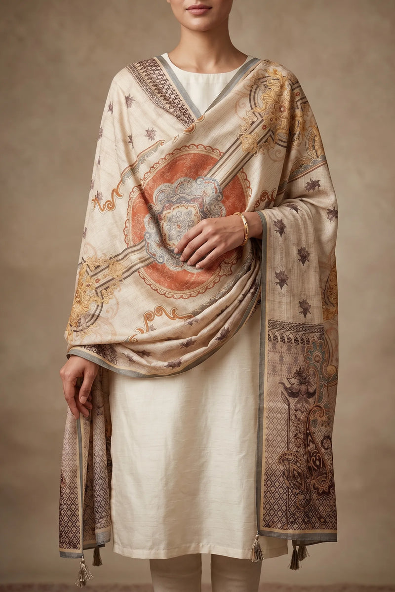 Ivory Medallion Print Raw Silk Dupatta