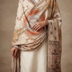 Ivory Medallion Print Raw Silk Dupatta