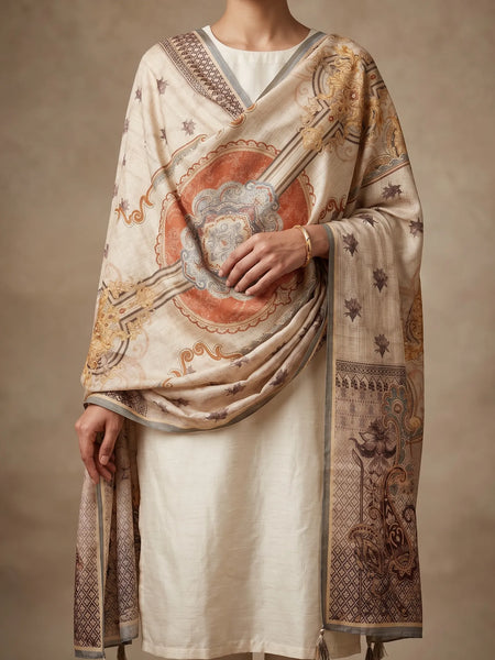 Ivory Medallion Print Raw Silk Dupatta