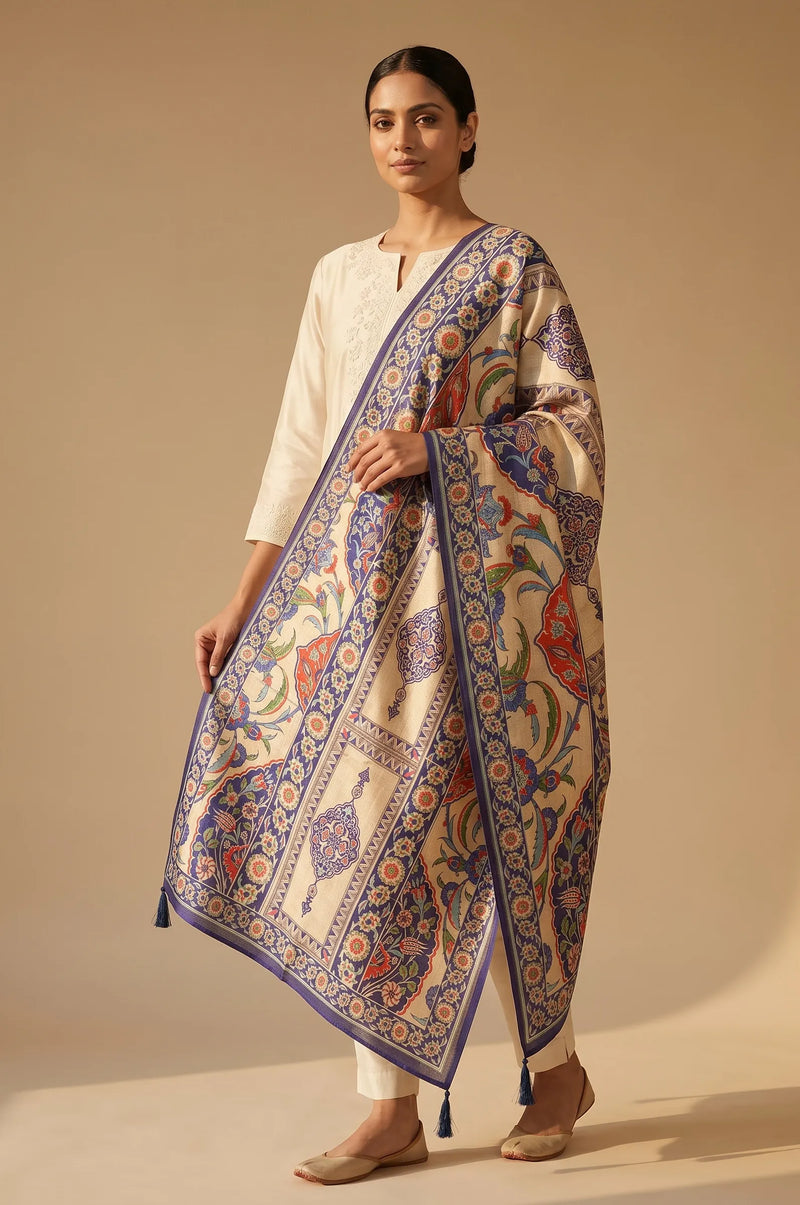 Ivory & Blue Floral Raw Silk Dupatta