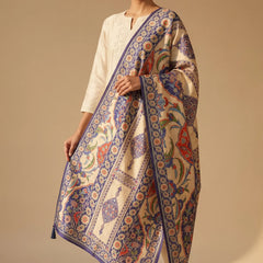 Ivory & Blue Floral Raw Silk Dupatta