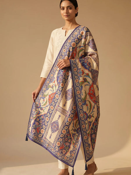 Ivory & Blue Floral Raw Silk Dupatta