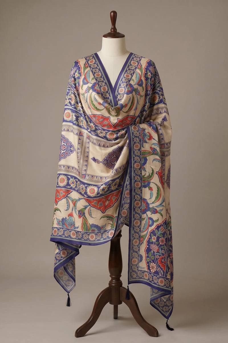 Ivory & Blue Floral Raw Silk Dupatta
