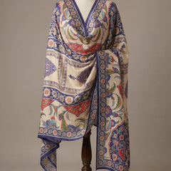 Ivory & Blue Floral Raw Silk Dupatta