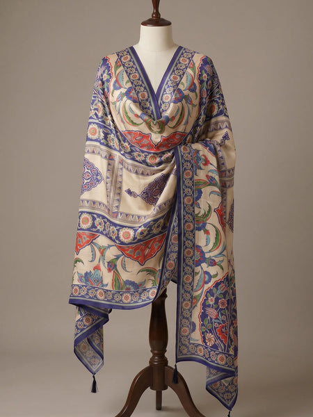 Ivory & Blue Floral Raw Silk Dupatta