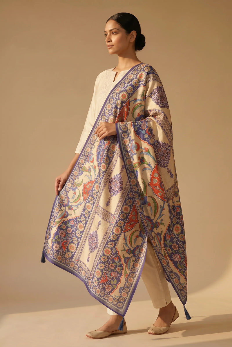 Ivory & Blue Floral Raw Silk Dupatta