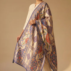 Ivory & Blue Floral Raw Silk Dupatta