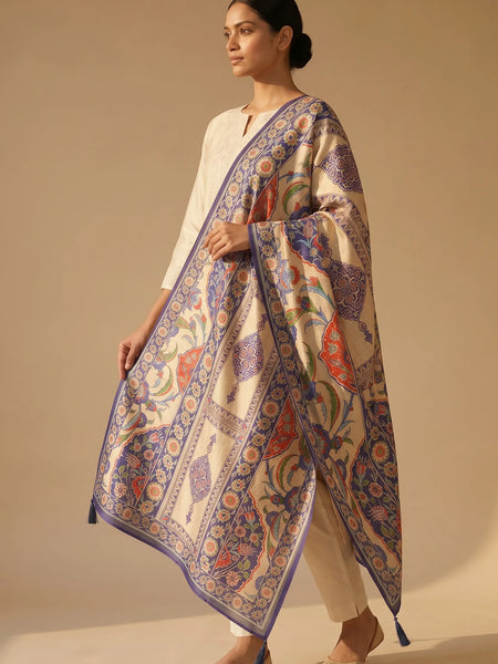 Ivory & Blue Floral Raw Silk Dupatta