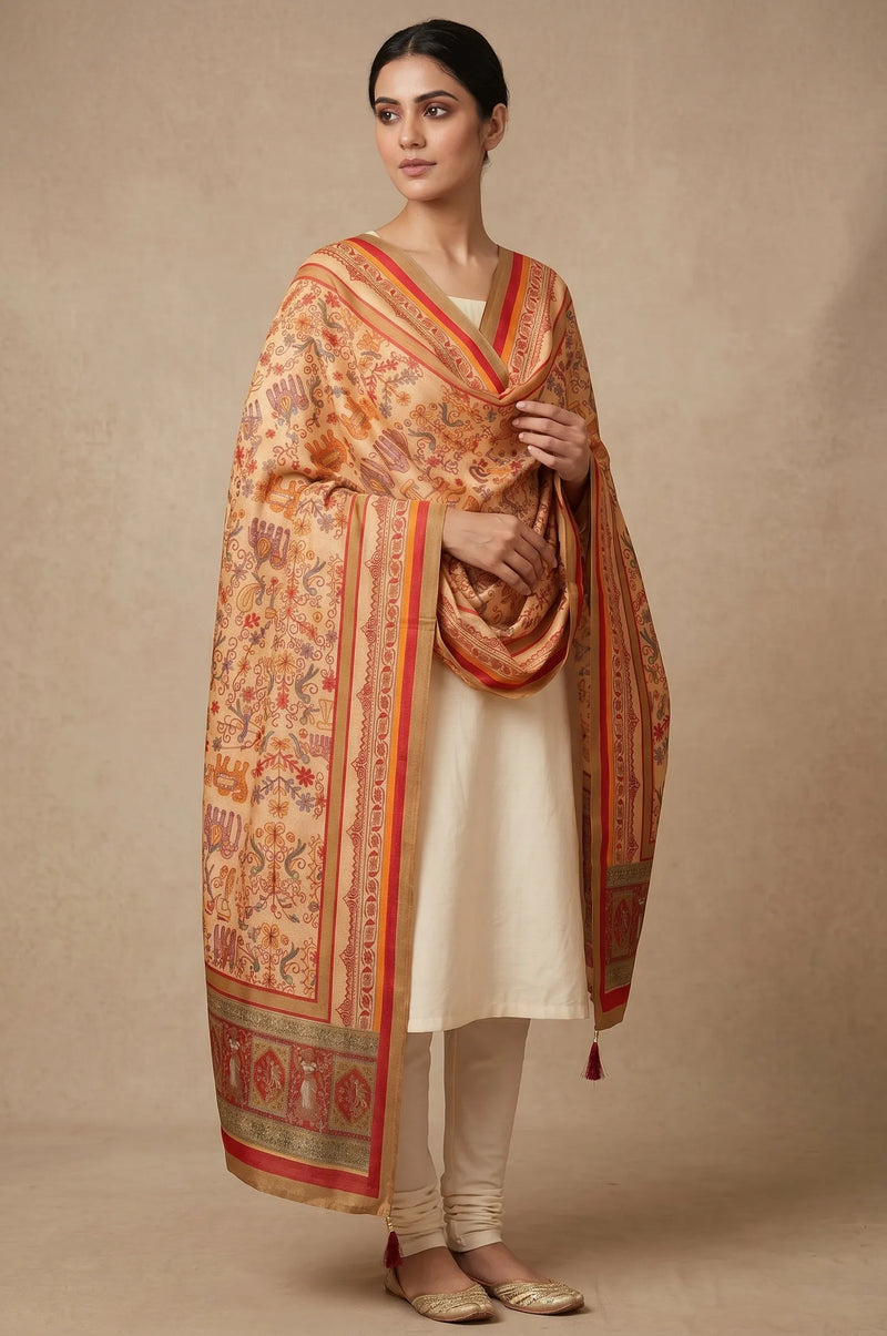 Heritage Print Raw Silk Dupatta with Red Border