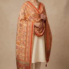 Heritage Print Raw Silk Dupatta with Red Border