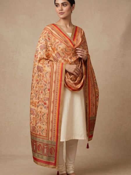 Heritage Print Raw Silk Dupatta with Red Border