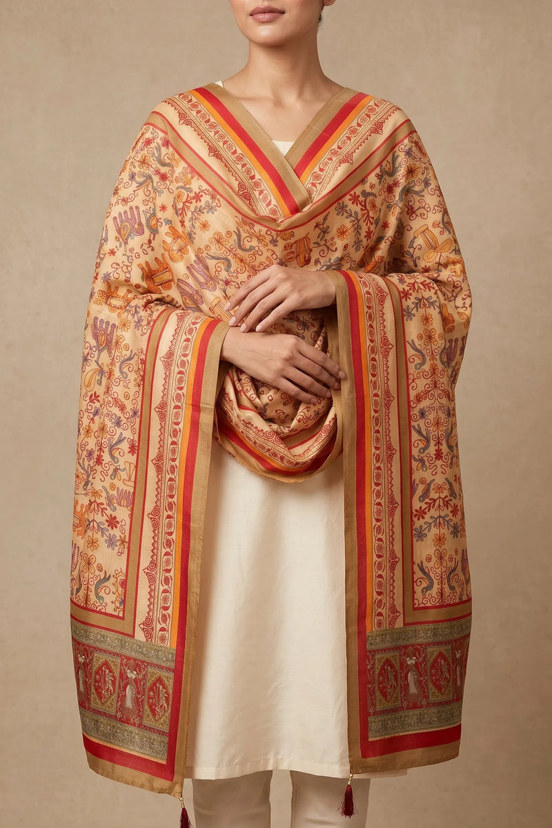Heritage Print Raw Silk Dupatta with Red Border