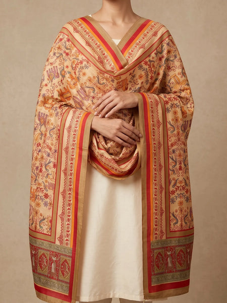 Heritage Print Raw Silk Dupatta with Red Border