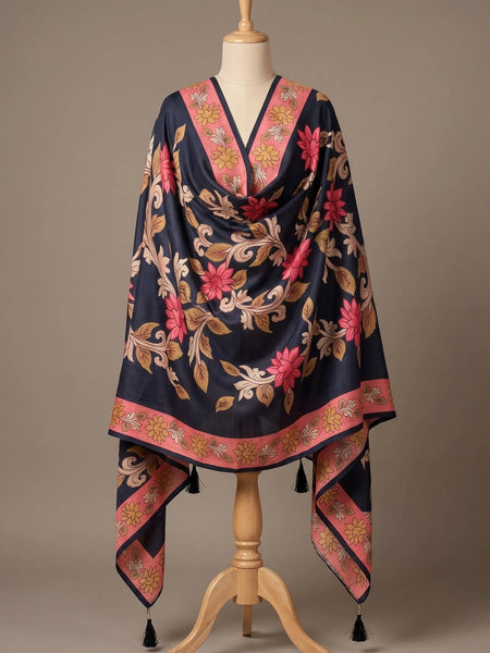 Black Floral Printed Raw Silk Dupatta