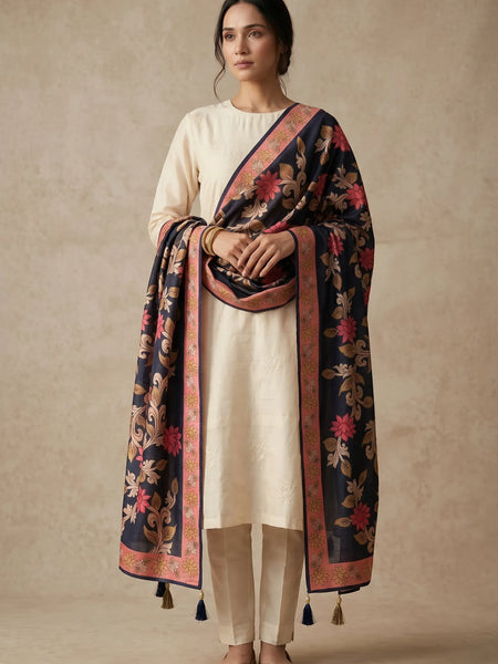 Black Floral Printed Raw Silk Dupatta