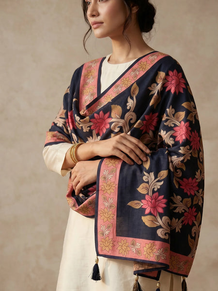 Black Floral Printed Raw Silk Dupatta