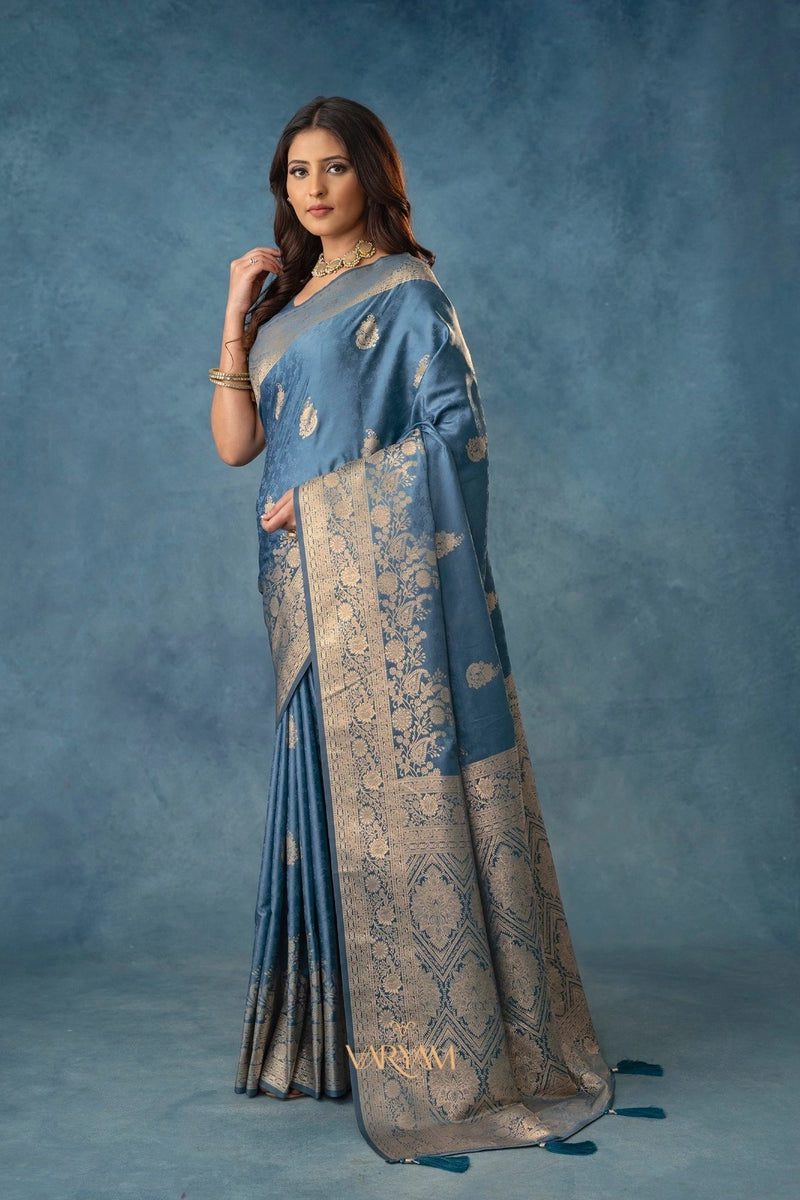 Strawberry Satin Silk Blue Saree