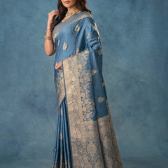 Strawberry Satin Silk Blue Saree