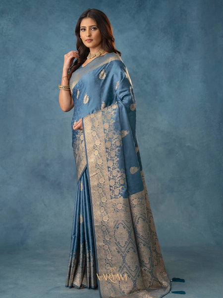 Strawberry Satin Silk Blue Saree