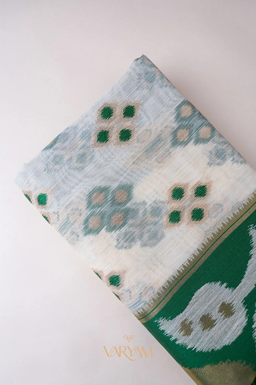 Patola Linen Cream Green Saree