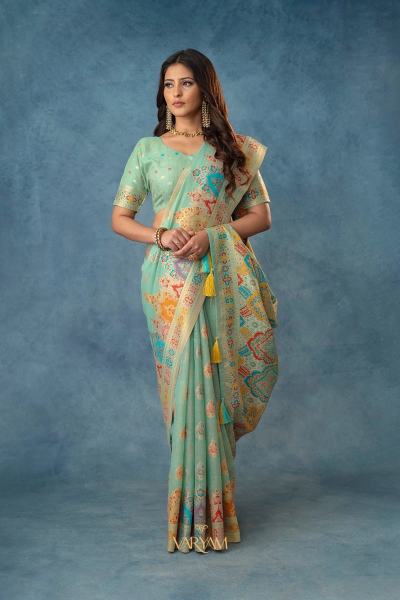 Meenakari Cotton Mint Saree