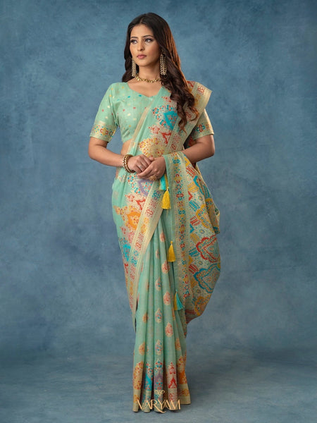 Meenakari Cotton Mint Saree