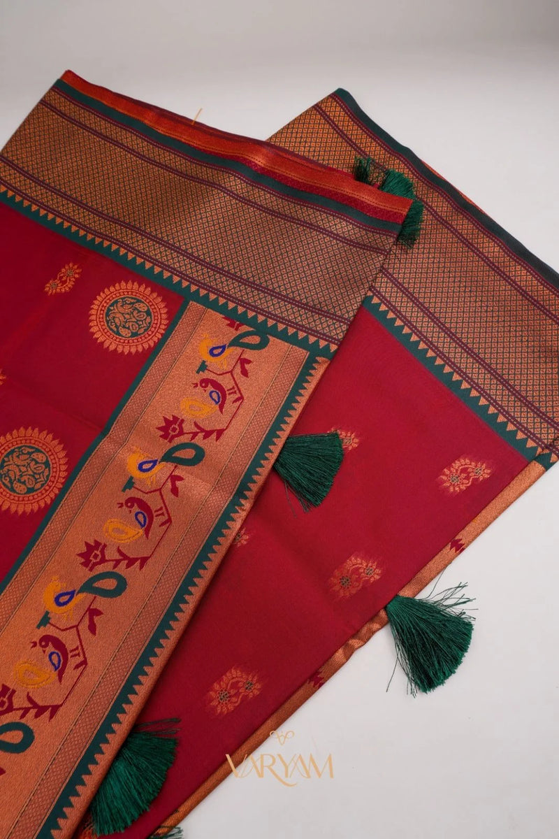 Satrangi Banarsi Red Soft Silk Zari Saree