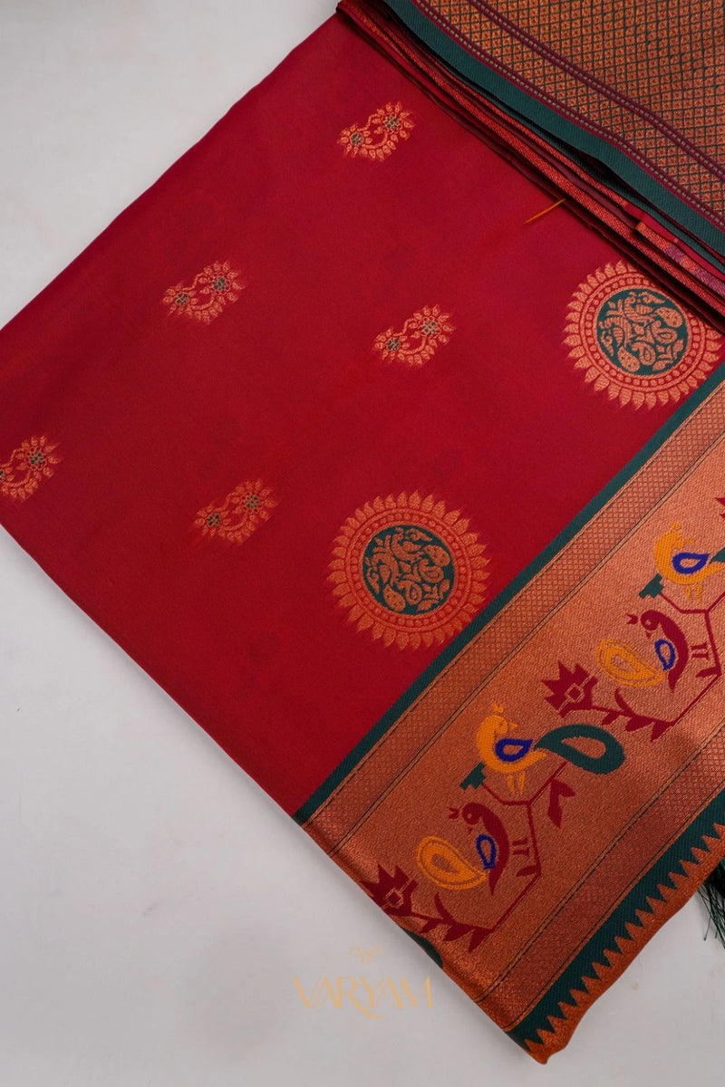 Satrangi Banarsi Red Soft Silk Zari Saree