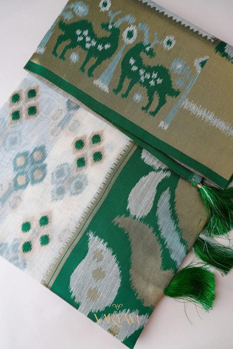 Patola Linen Cream Green Saree