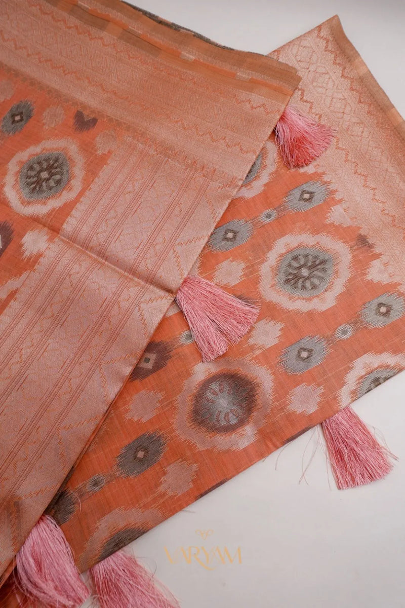 Ikkat Cotton Orange Saree