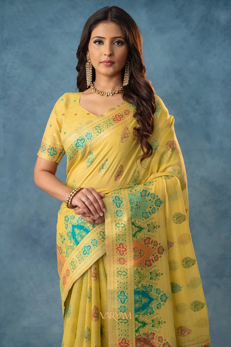 Meenakari Cotton Yellow Saree