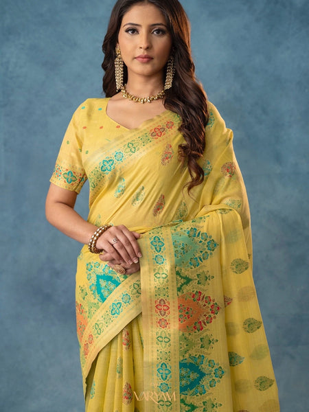 Meenakari Cotton Yellow Saree