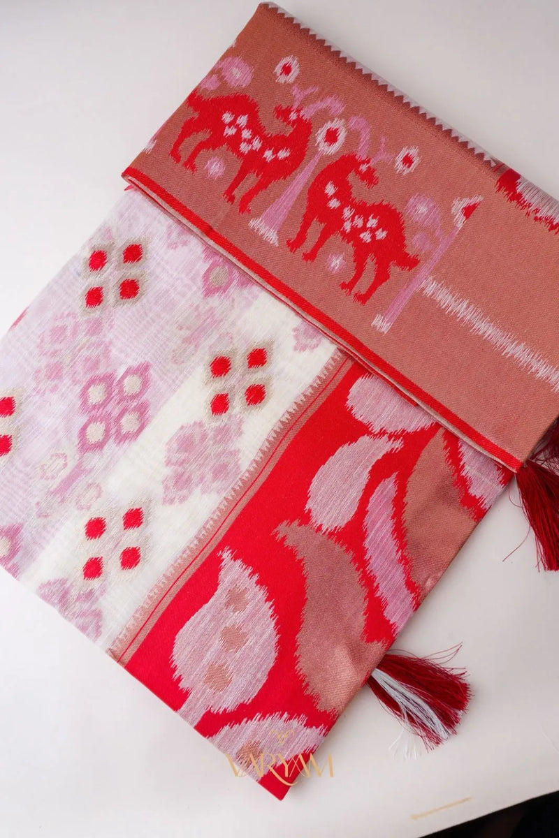 Patola Linen Cream Red Saree