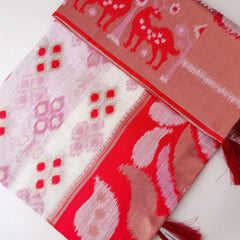 Patola Linen Cream Red Saree