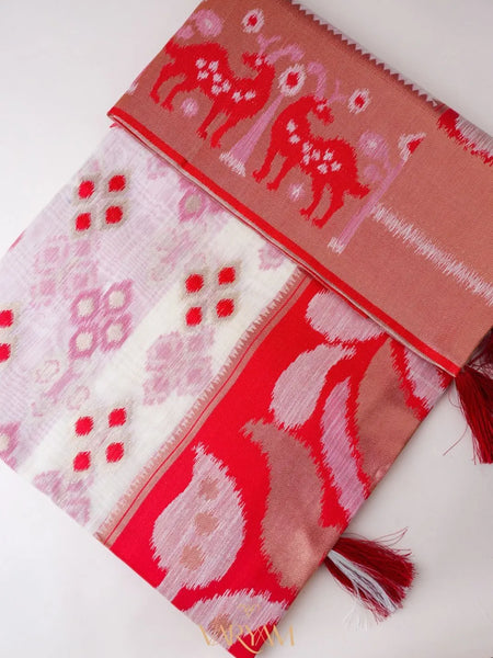 Patola Linen Cream Red Saree